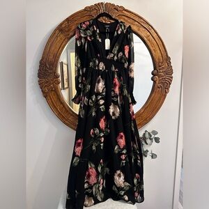 Chiffon Floral Ruched V Neck Maxi Ascot Dress Wedding